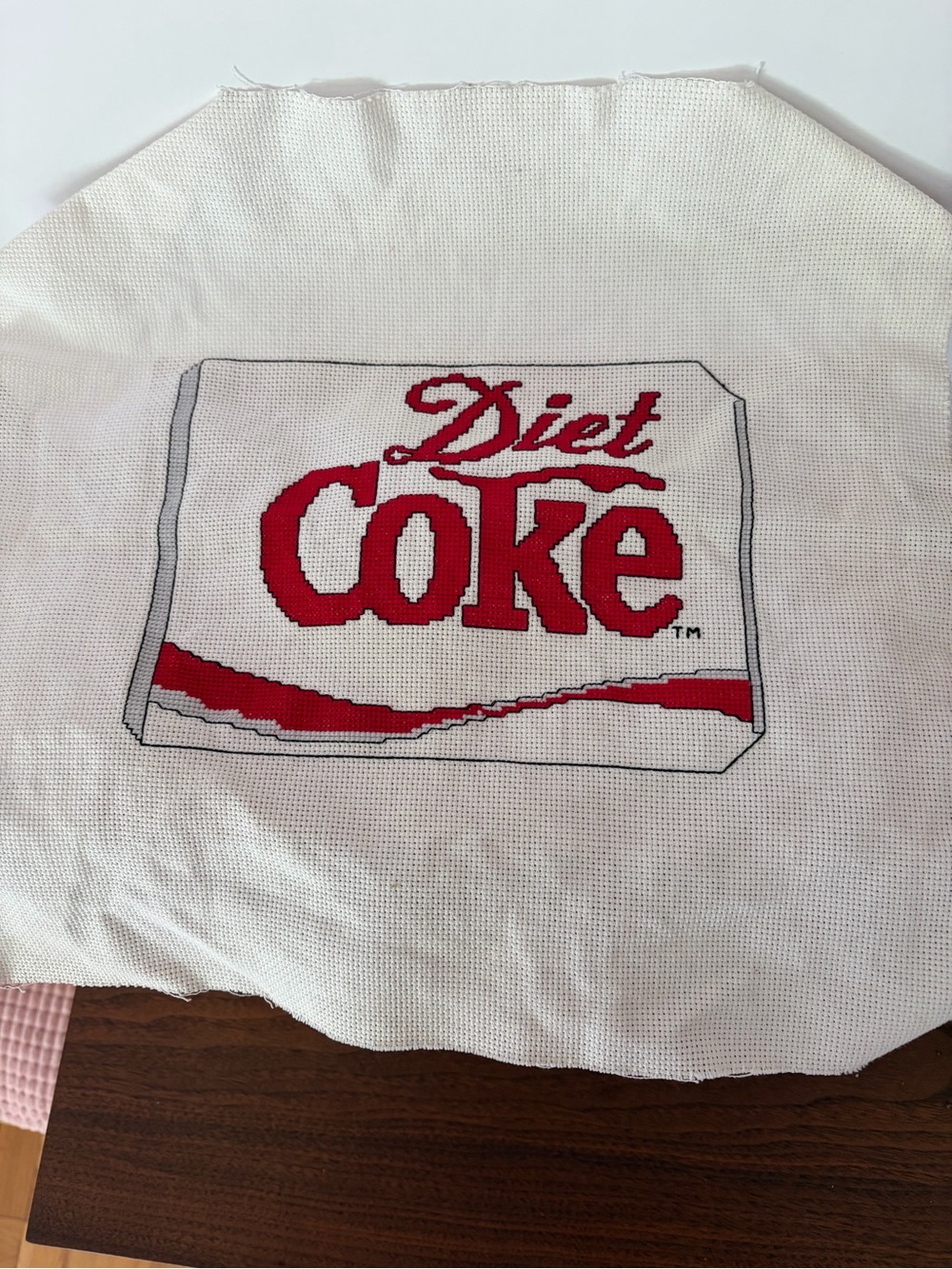 Diet Coke Cross Stitch Panel Red & White Logo! Frame it. Make a pillow! Handmade